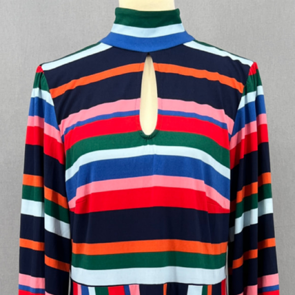 Elouqii Dress Womens 14 Multicolor Striped Keyhole Long Puff Sleeves A Line Midi - Picture 3 of 15